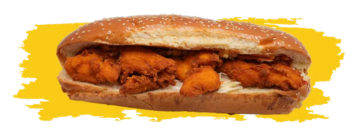 Crispy fried chicken sub from 961 with coleslaw, garlic sauce and pickles