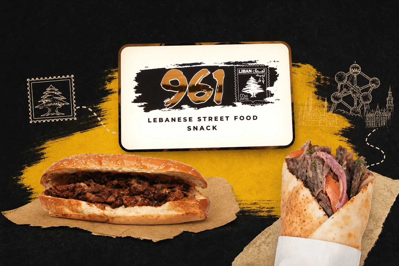 961 Lebanese Street Food story collage connecting Lebanese identity, Philadelphia and shawarma with Brussels